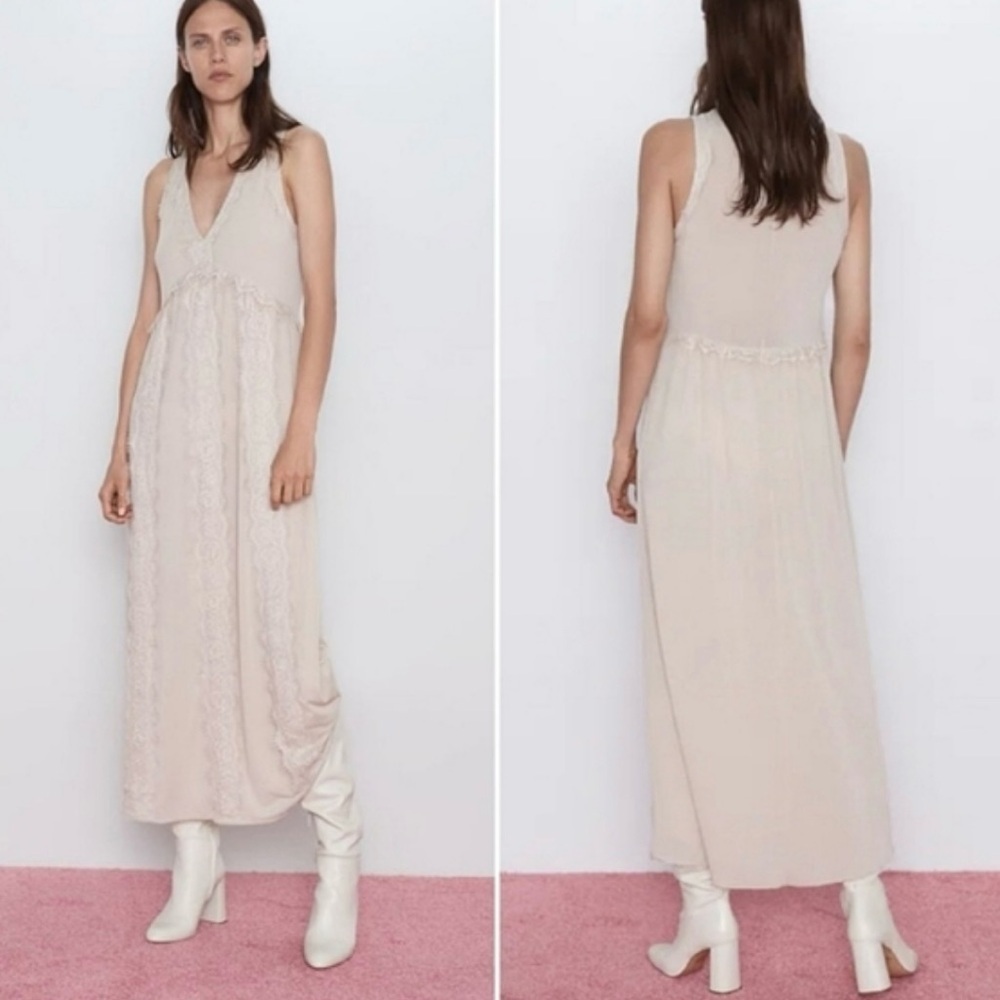 Zara contrasting lace camisole maxi dress neutral Small